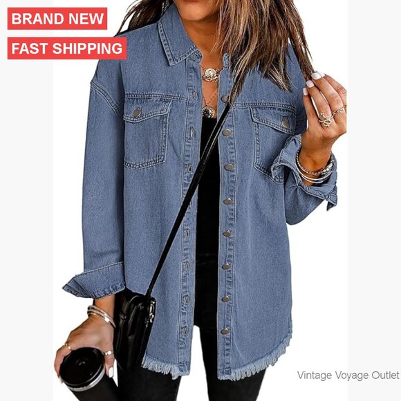 Oversized Denim Jacket with Button Front Frayed Hem Pockets